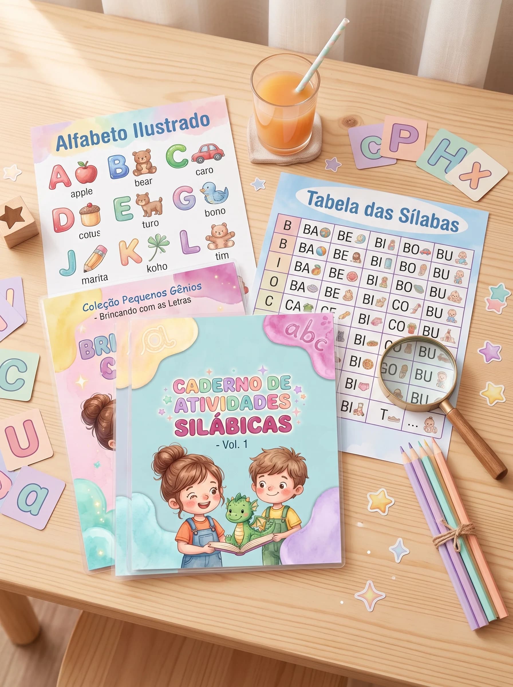 Materiais da Coleção Pequenos Gênios dispostos em mesa infantil